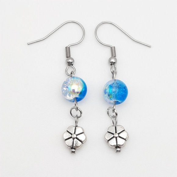 Spring Flower Blue Clear Glass Dangle Drop Earrings Handmade Jewelry - Picture 2 of 6